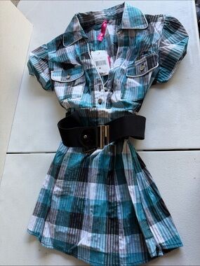 Heart Soul Teal Black White Plaid Girls Dress with Belt